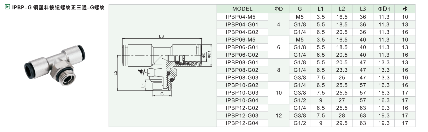 IPBP-G铜プラスチック材料按钮螺纹正三通-G螺纹